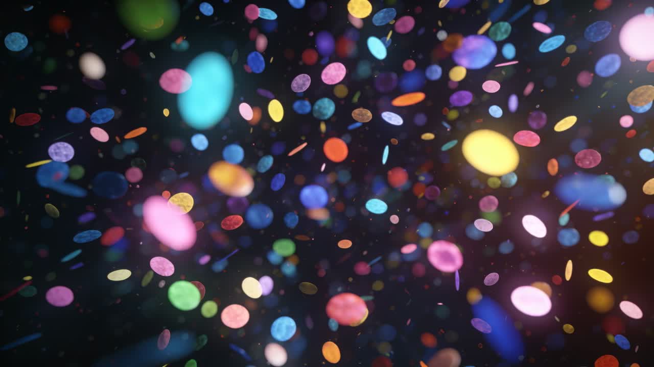 Sequenza di fotogrammi iniziale, vivaci dischi bokeh di coriandoli che si muovono verso l'occhio nel vuoto nero, aggiungendo profondità.