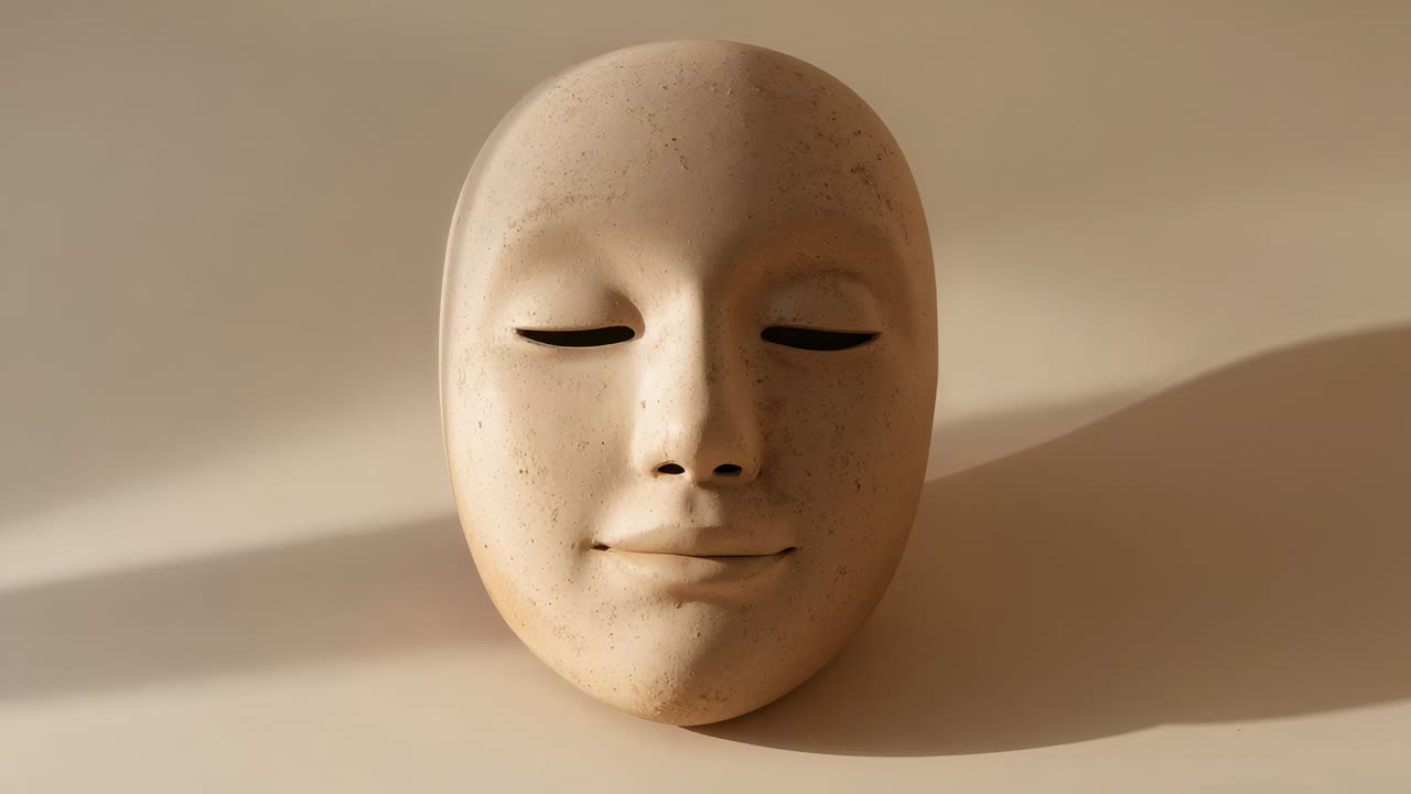 Rotating speckled ceramic mask turning right on studio tabletop, revealing profile under warm light