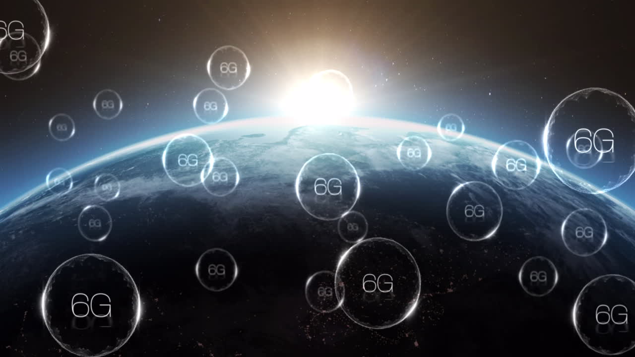 6g 텍스트와 함께 여러 거품이 떠다니고 지구 위의 파란색 빛 반점에 대해 터집니다.