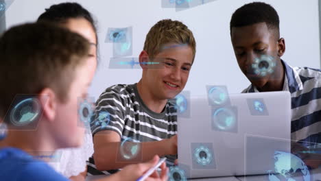 children in school using laptop with animation of digital technology icons