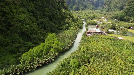 Aerial-view-of-a-river-surrounded-by-jungle,-mangroves,-and-limestone-mountains