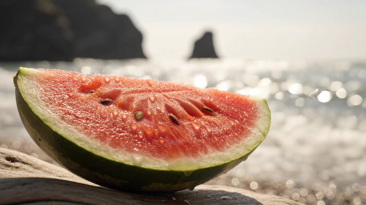 Una rinfrescante fetta di anguria posizionata decorativamente su un tronco grezzo accanto a un oceano scintillante e onde leggere, con una costa rocciosa sullo sfondo.