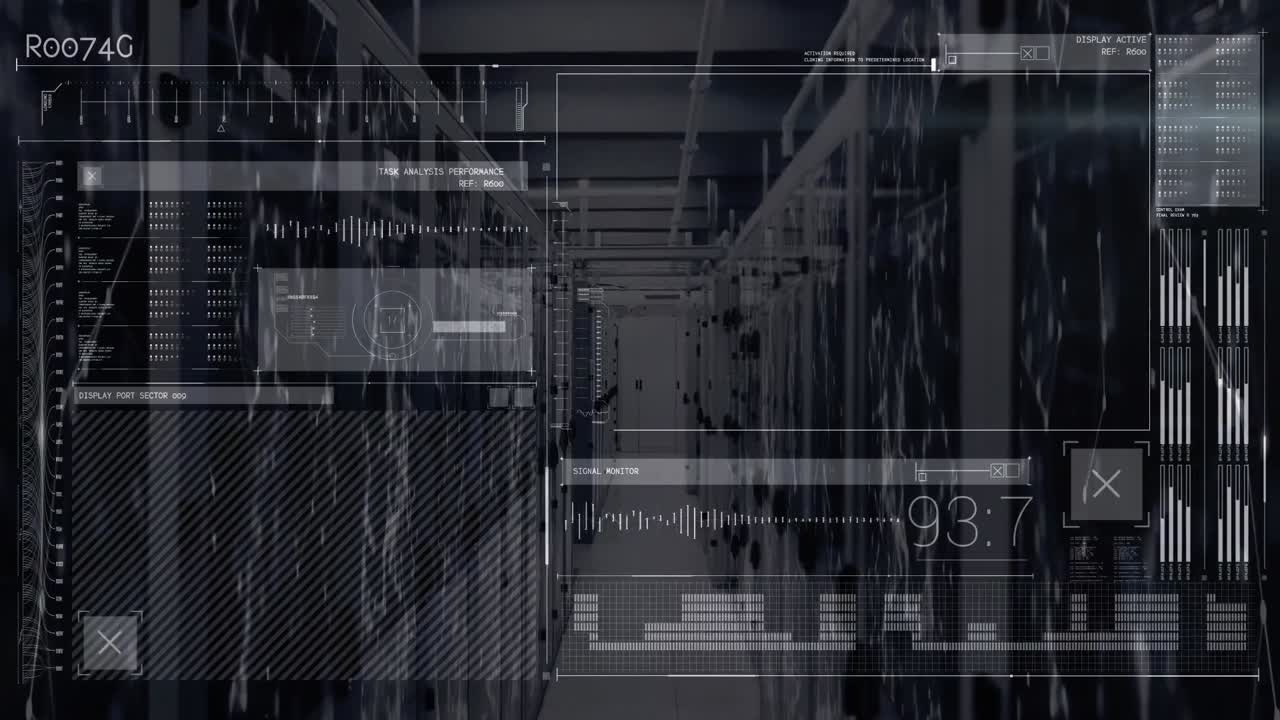 animación del procesamiento de datos en pantalla negra sobre los servidores