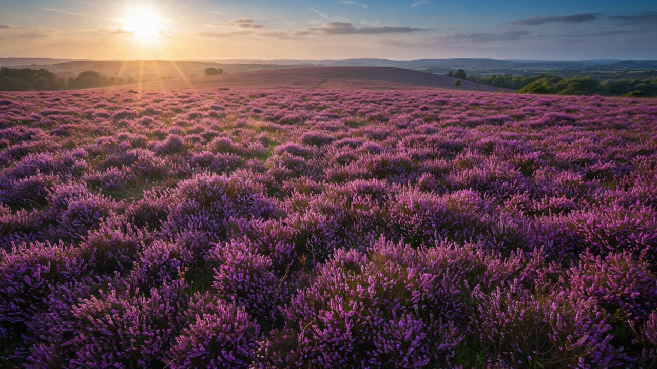 Stunning Lavender Fields in Full Bloom at Sunrise: A Breathtaking Natural Landscape Awash in Vibrant Purple and Golden Rays of Light
