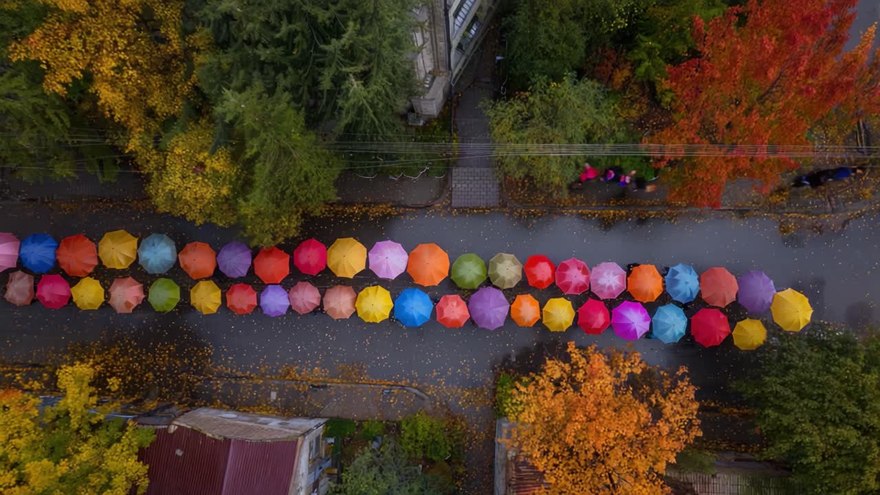 A Vibrant Aerial View of Colorful Umbrellas Lining a Serene Autumn Street Amidst a Scenic Backdrop of Golden and Red Foliage, Illuminating the Urban Landscape