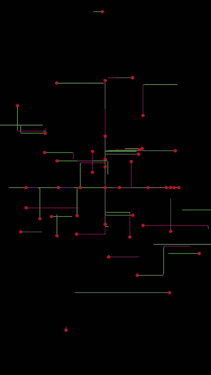 Abstract animation of a multicolor circuit board with red dots showing data transfer, seamless loop