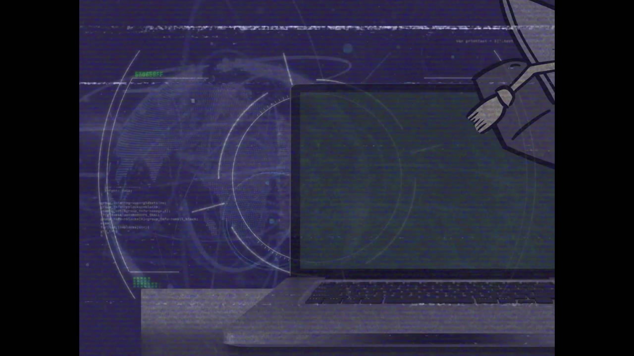 Laptop with Glitchy Digital Interface and Animated Character
