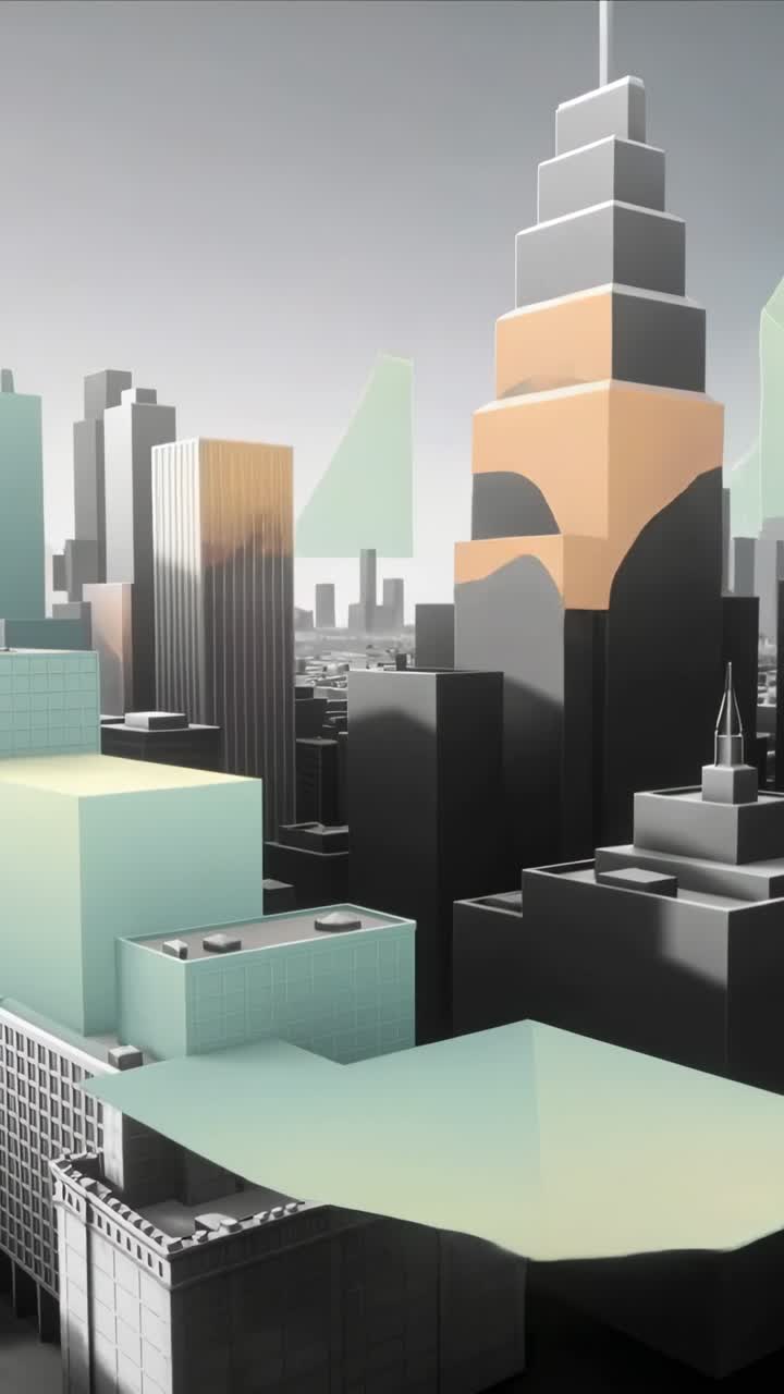 Video verticale: Grande pennello che entra dall'angolo superiore sinistro, colorando lo skyline della città con colori pastello.