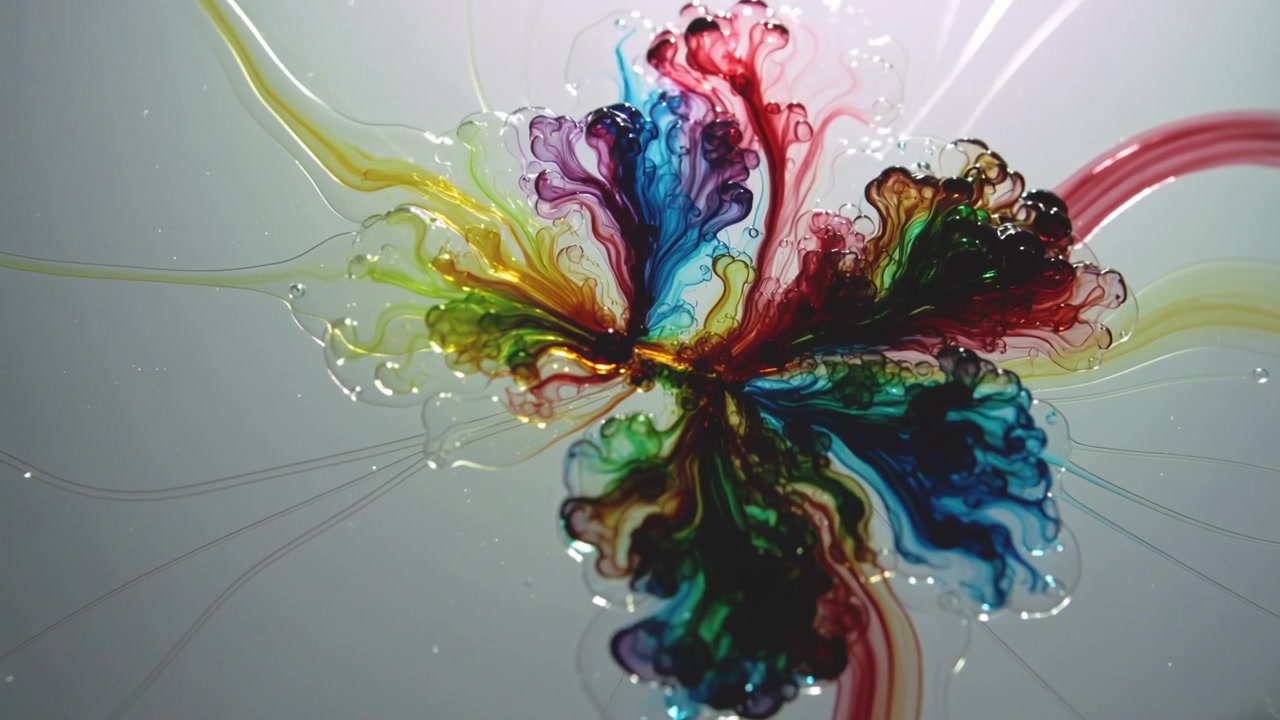 Spreading inks forming petal lobes on fluid surface after droplet contact in studio, glass rim