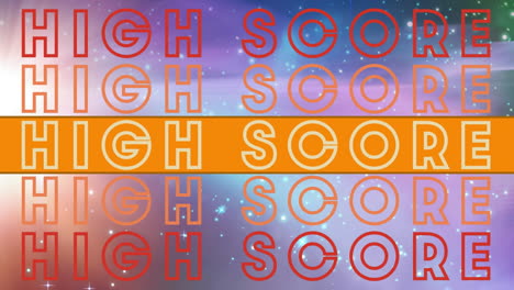 animación del texto de la puntuación alta en repetición en una bandera naranja sobre el universo en el fondo