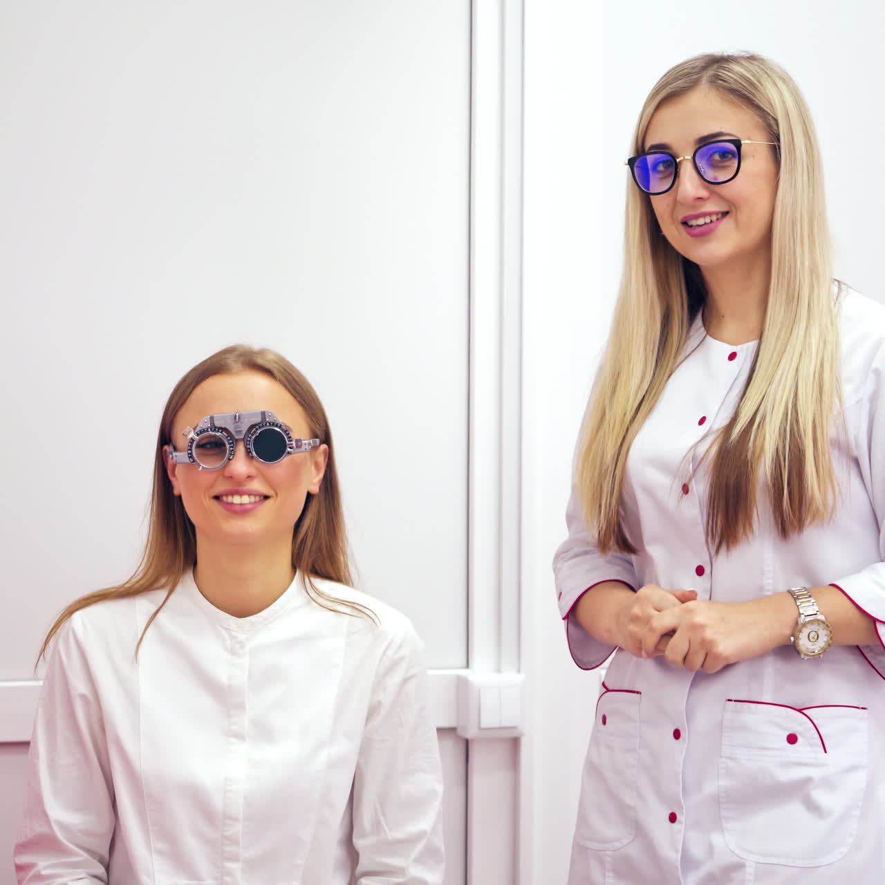 Young woman at the reception of a beautiful ophthalmologist. Lady putting on ophthalmic testing device for eye examination and lens selection.