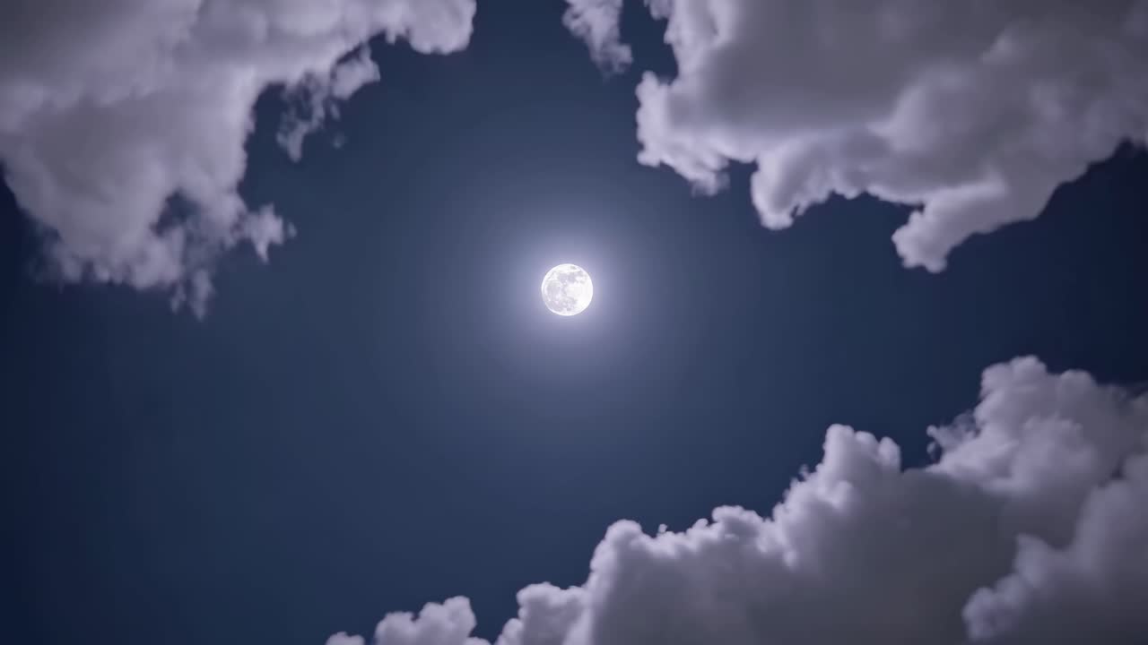 A serene night sky video with a full moon centered, surrounded by clouds