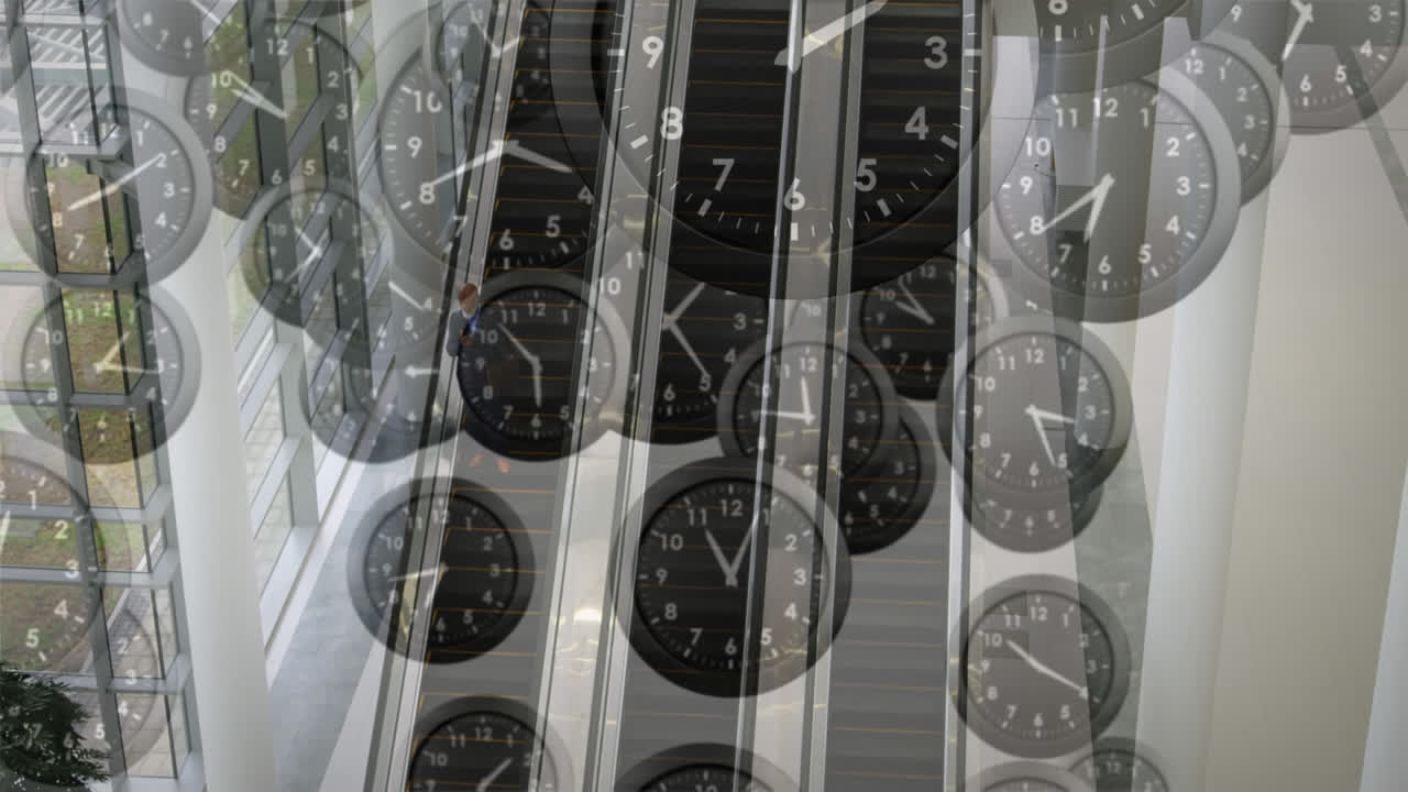 Animation of clocks ticking and data processing over escalators