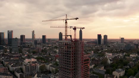 slow orbit move around skyline of frankfurt in golden hour