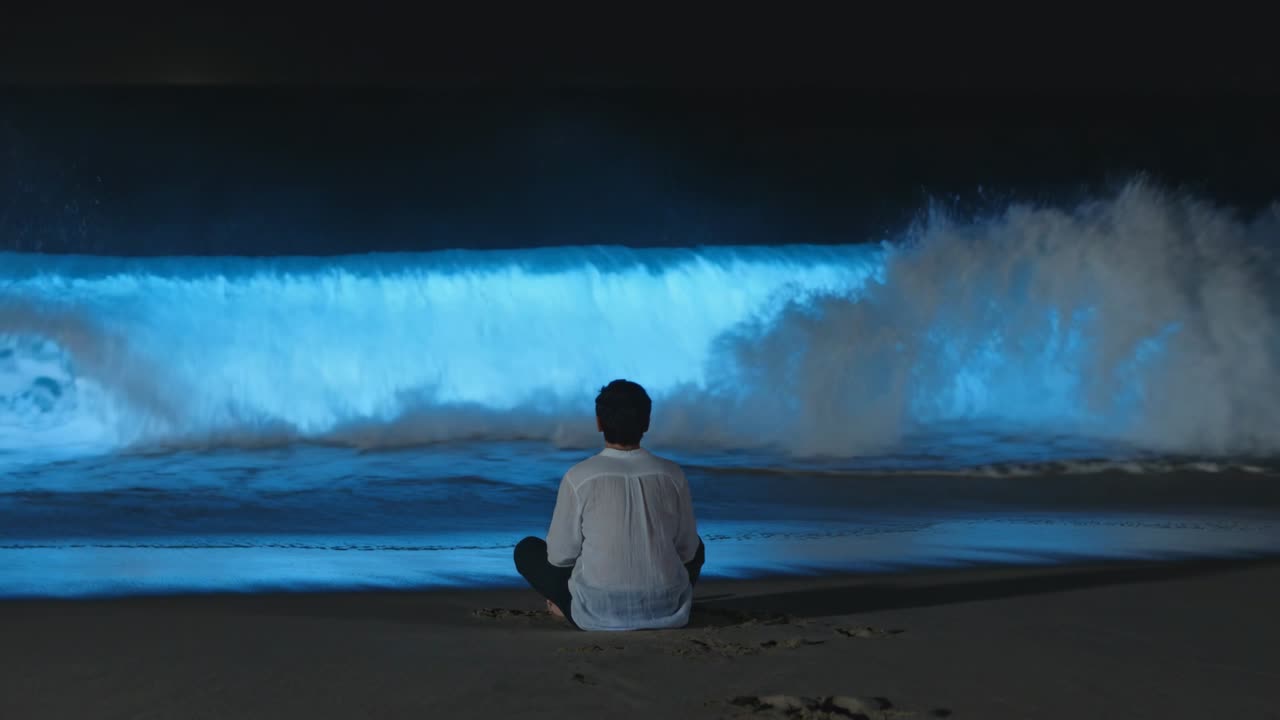 观看男子夜晚坐在海岸线边，目睹发光的波浪涌来并照亮白色浪尖