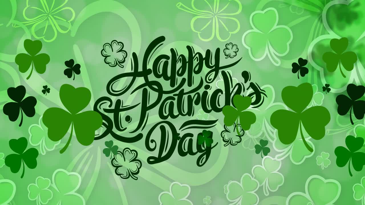 Animation of happy st patrick's day text with clover leaves on green background