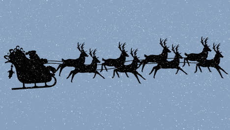 animation of snow falling over santa claus in sleigh with reindeer