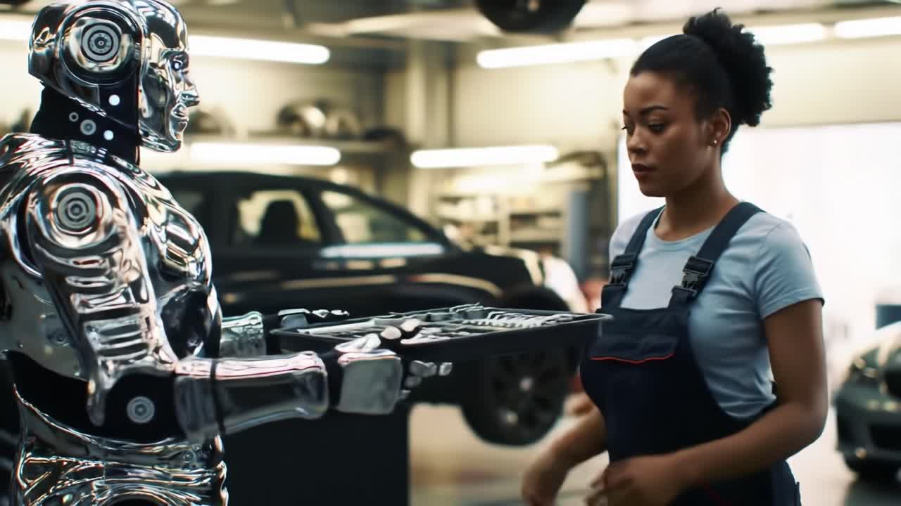 A Futuristic Interaction: A Human Technician Collaborating with a Sleek Robotic Assistant in an Automotive Workshop, Highlighting Advanced Technology and Innovation