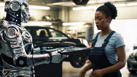 a futuristic interaction: a human technician collaborating with a sleek robotic assistant in an automotive workshop, highlighting advanced technology and innovation