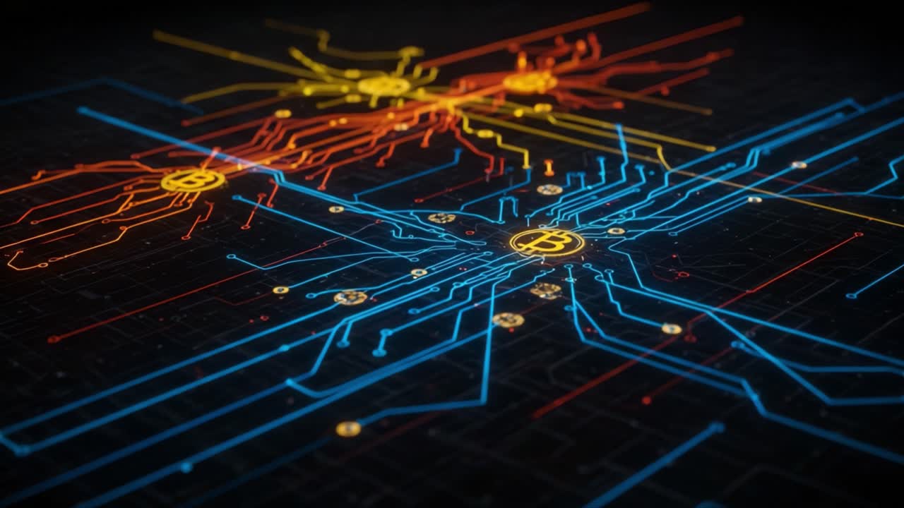 Vibrant Cryptographic Network Illustration Showcasing Bitcoin Connections with Dynamic Blue, Red, and Yellow Circuit Patterns on a Dark Background