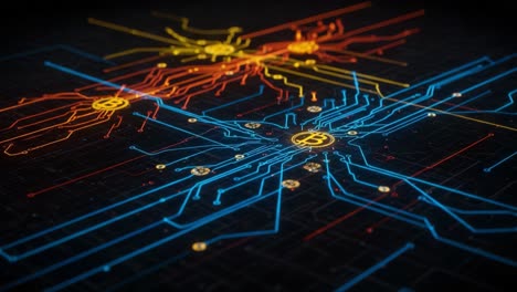 vibrant cryptographic network illustration showcasing bitcoin connections with dynamic blue, red, and yellow circuit patterns on a dark background