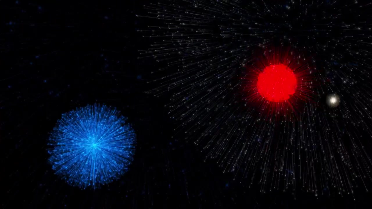 Patriotic red, white, and blue fireworks explode in a dark sky with shimmering light effects