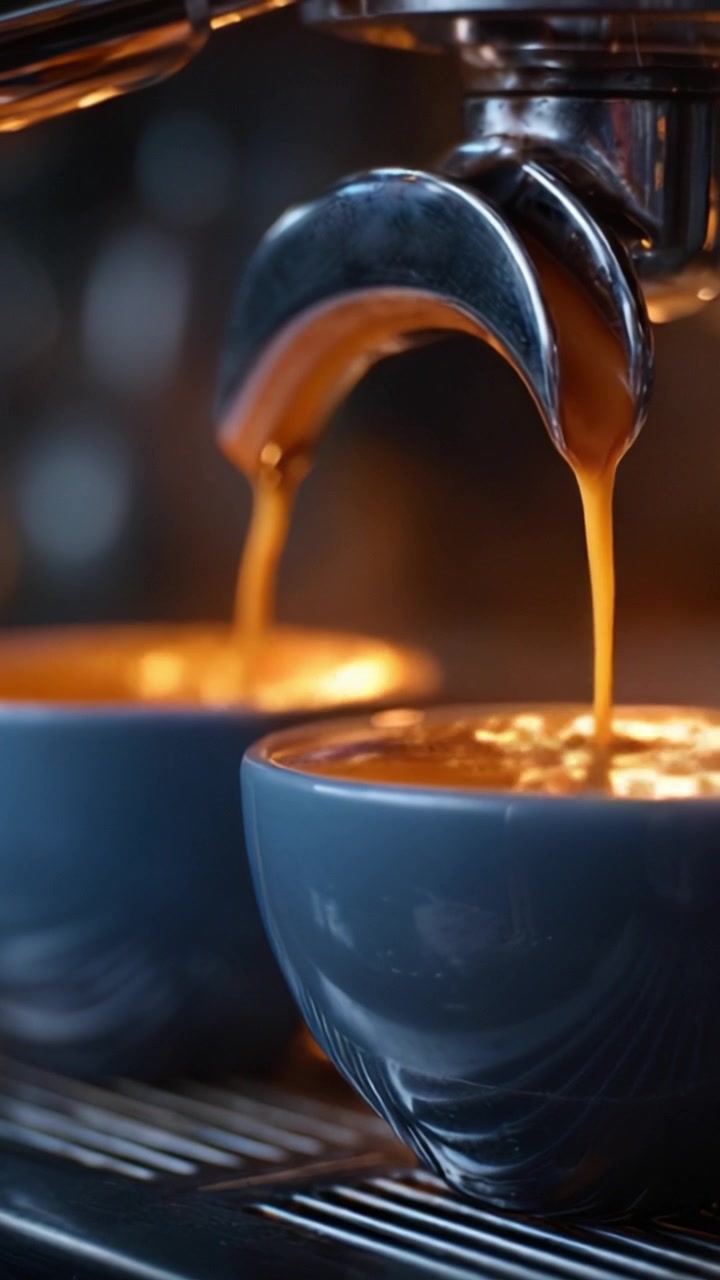 Brygning af den perfekte espresso: Et nærbillede af kunsten at udvinde kaffe gennem espressomaskinen, der fanger flydende guld, der strømmer ned i kopper.