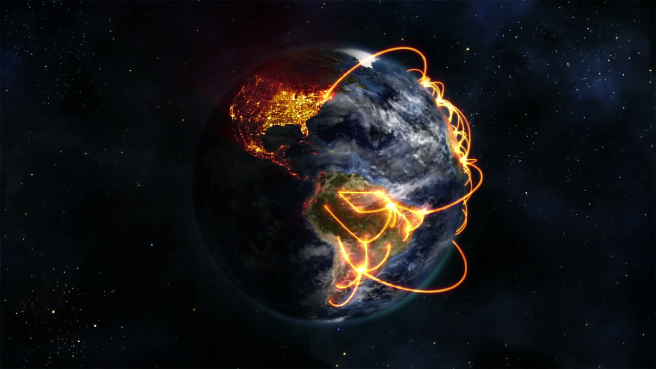 Animated Earth with orange connections and clouds, image courtesy of Nasa.org.
