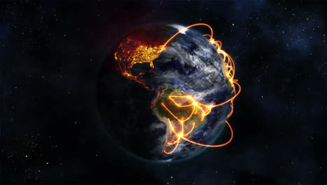tierra animada con conexiones naranjas y nubes, imagen cortesía de nasa.org.