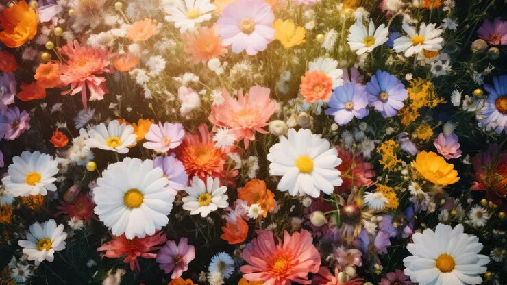Lebendige Wildblumen in voller Blüte, aus einem erhöhten Winkel aufgenommen, wodurch ein lebhaftes und farbenfrohes Bild entsteht
