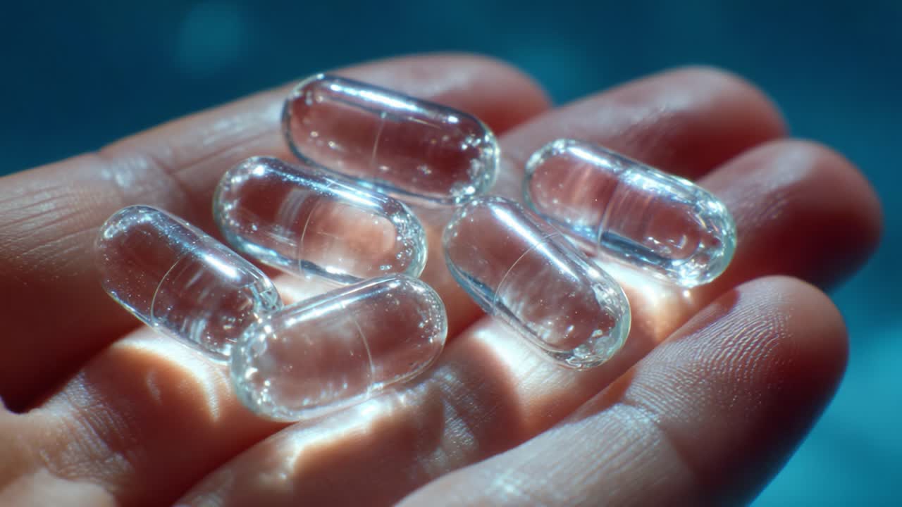 Primo piano di cinque capsule traslucide tenute delicatamente in una mano, che ne mostrano la texture lucida su uno sfondo vivido e brillante, enfatizzandone la chiarezza e il design.