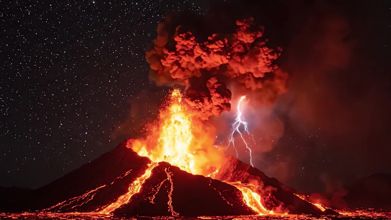 Erupção Vulcânica Majestosa Iluminada por Raios: Uma Exibição Deslumbrante da Fúria e Beleza da Natureza Contra um Céu Noturno Estrelado