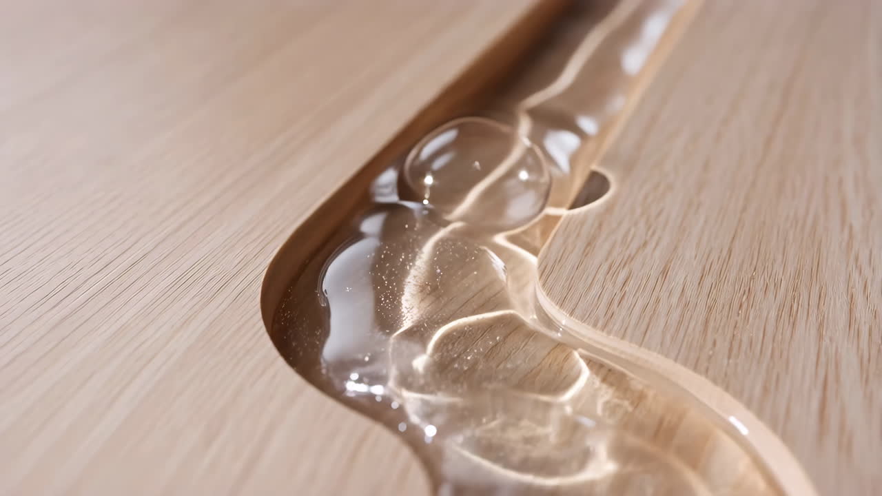 Clear Viscous Liquid with Bubbles in a Wooden Groove