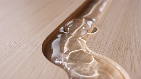 clear viscous liquid with bubbles in a wooden groove