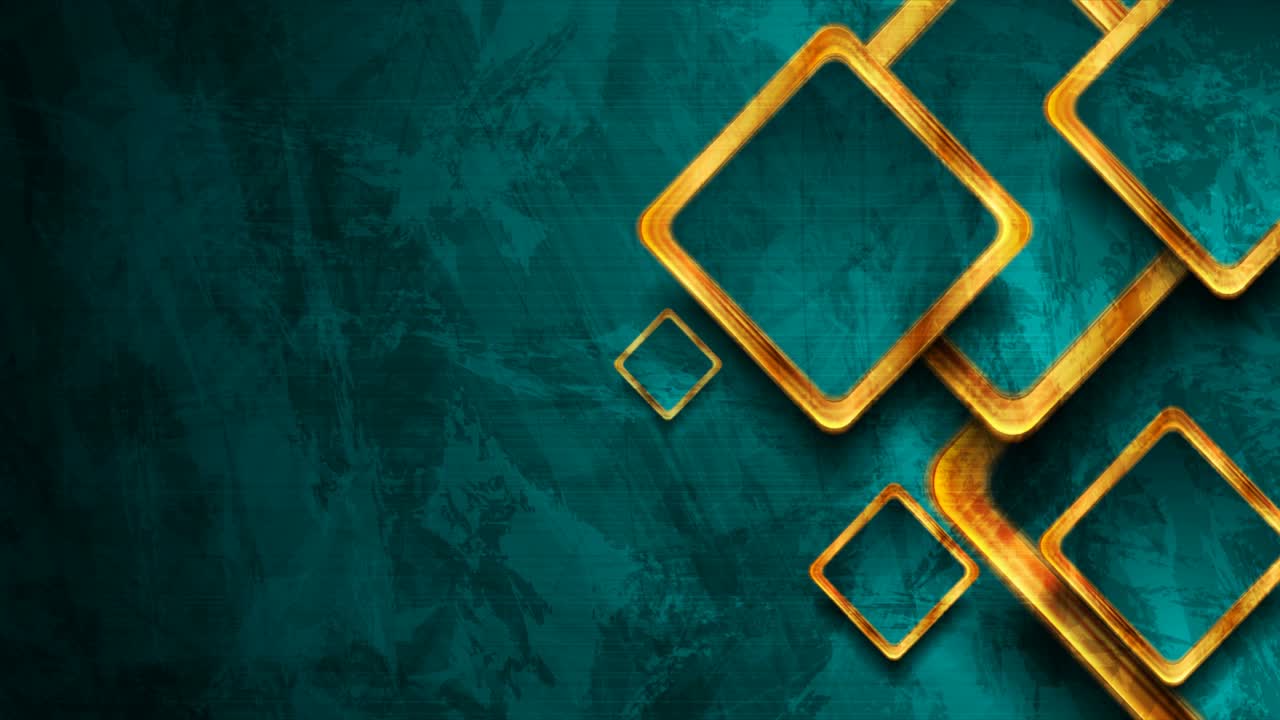 Hi-tech turquoise grunge geometric motion design with golden squares