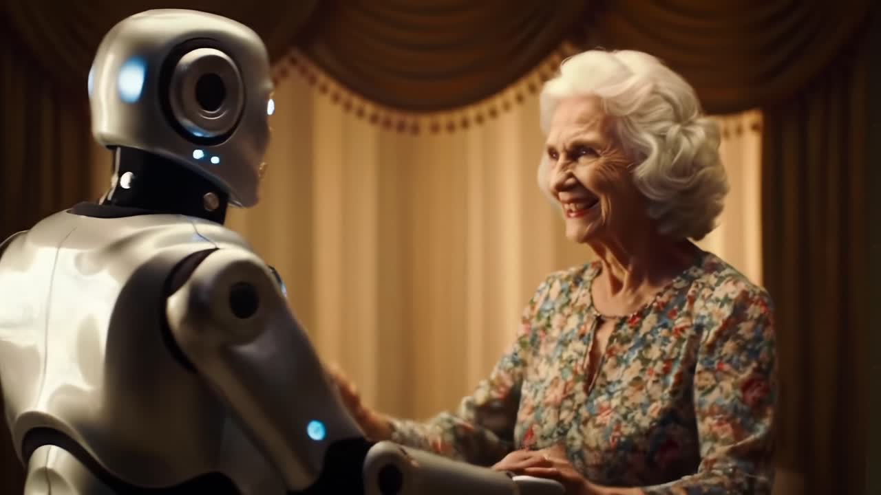 Interaction Between Elderly Woman and Humanoid Robot: A Heartwarming Moment Captured in Two Frames Showcasing Technology and Human Connection