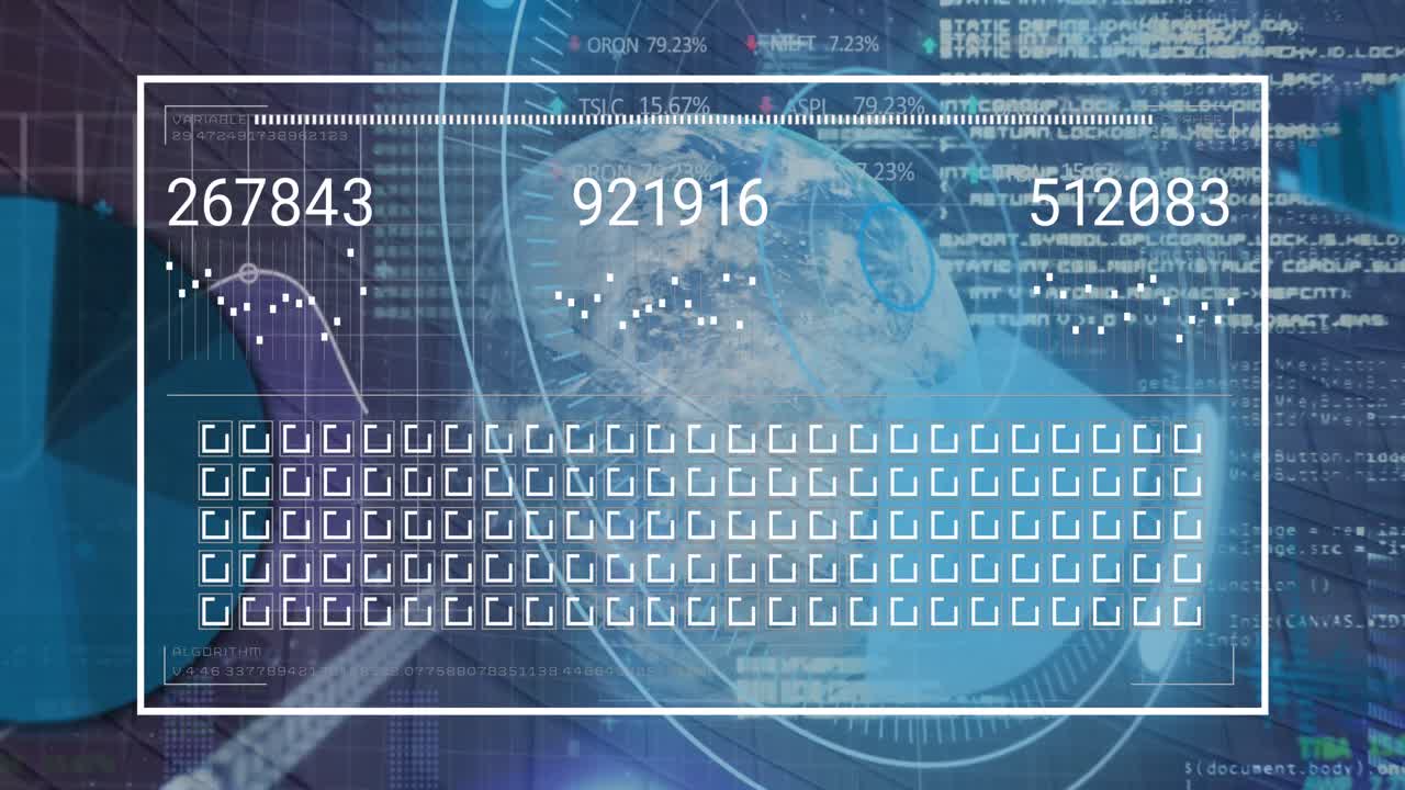 Animation of statistical data processing over round scanner and spinning globe on blue background
