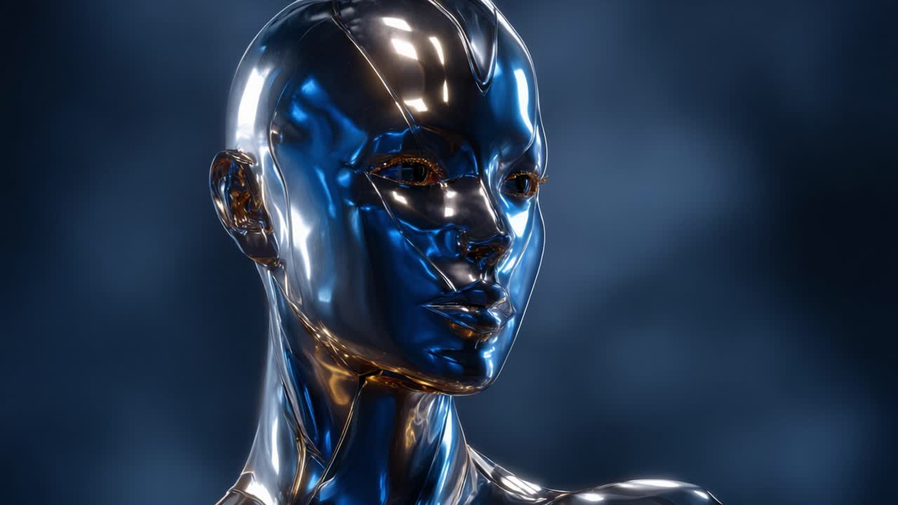 A futuristic and highly detailed metallic humanoid robot with striking features, showcasing advanced technology and artistry in a captivating, sleek design