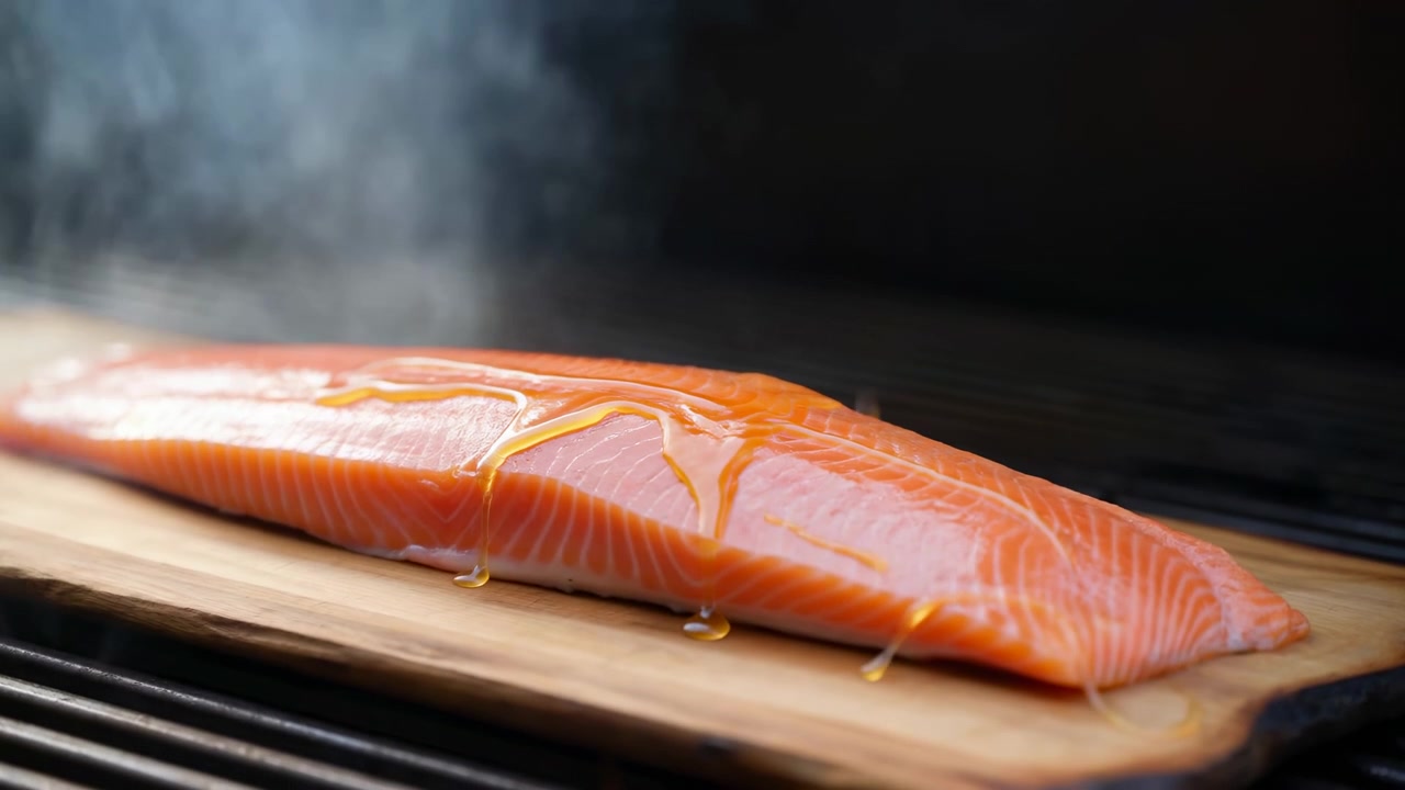 Un filetto di salmone crudo riposa su un tagliere di legno mentre l'olio gocciola e si sparge sulla polpa lucida e arancione, con uno sfondo scuro e fumoso, una leggera foschia e un'atmosfera da cucina pulita e di alta qualità, con salmone e olio.