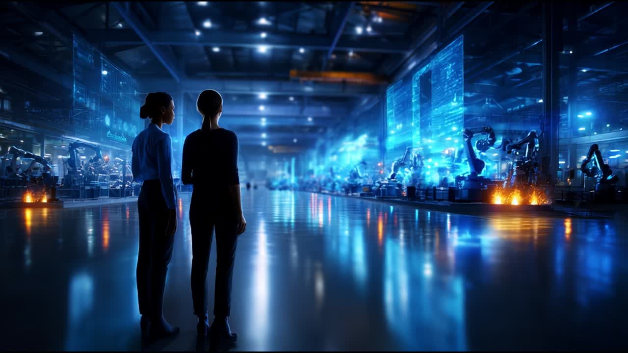 Exploring the Future: Two Individuals Stand in Awe at the Cutting-Edge Industrial Facility, Overlooking Advanced Robotics and Automation Technologies in a Modern, High-Tech Environment