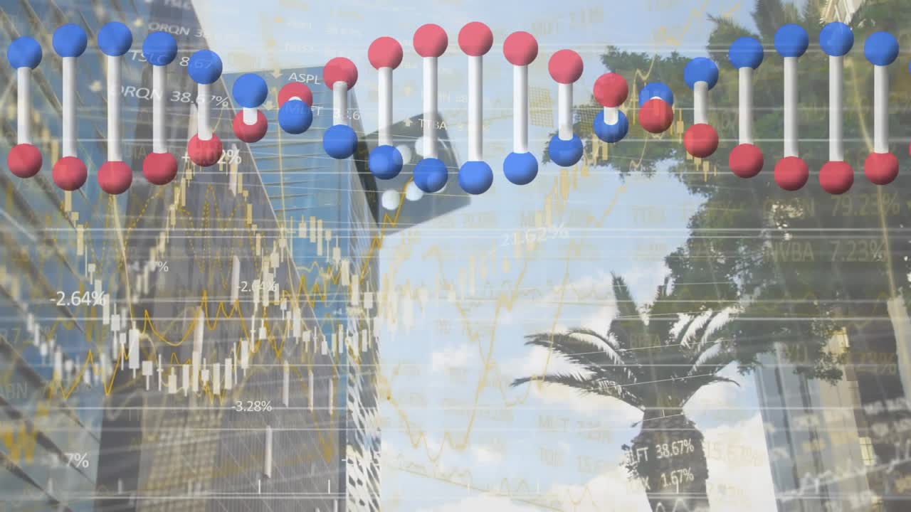 Animazione di un filamento di DNA con sfere rotanti e elaborazione dati su robuste sfere centrali