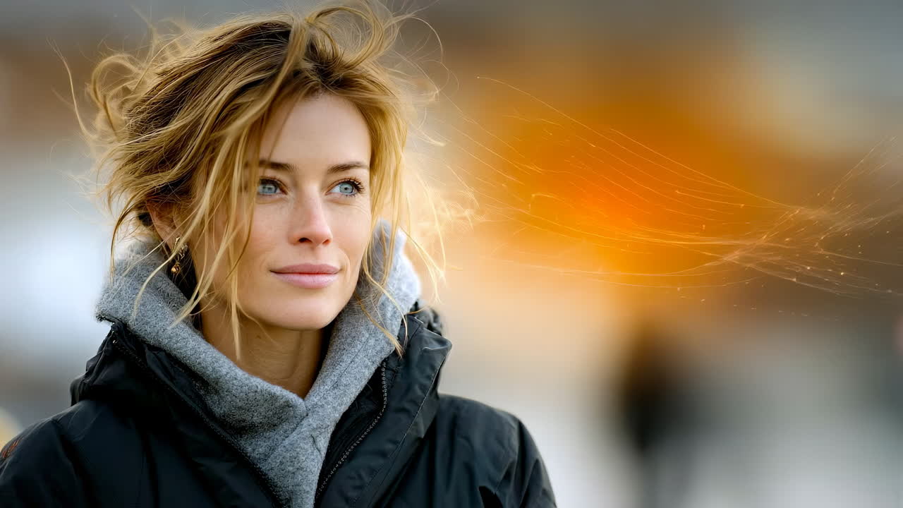 Stunning hair in bright light. Young woman stands outdoors, hair blowing in the wind, with a warm glowing light in the background during sunset