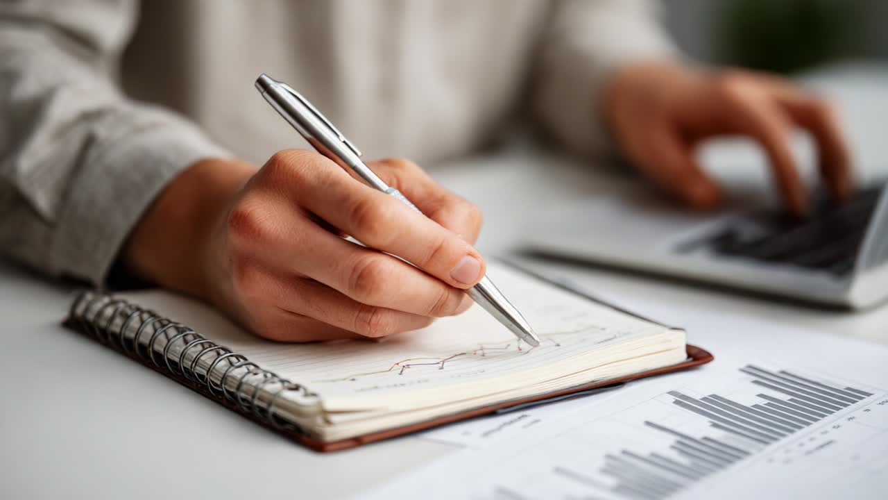 Analyzing Financial Data: A Close-Up of a Hand Using a Pen to Make Notes on a Notebook During Work, Complemented by a Laptop Displaying Graphs and Charts in a Professional Environment