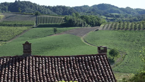 roofs of old houses in monferrato italy. background vineyard hills