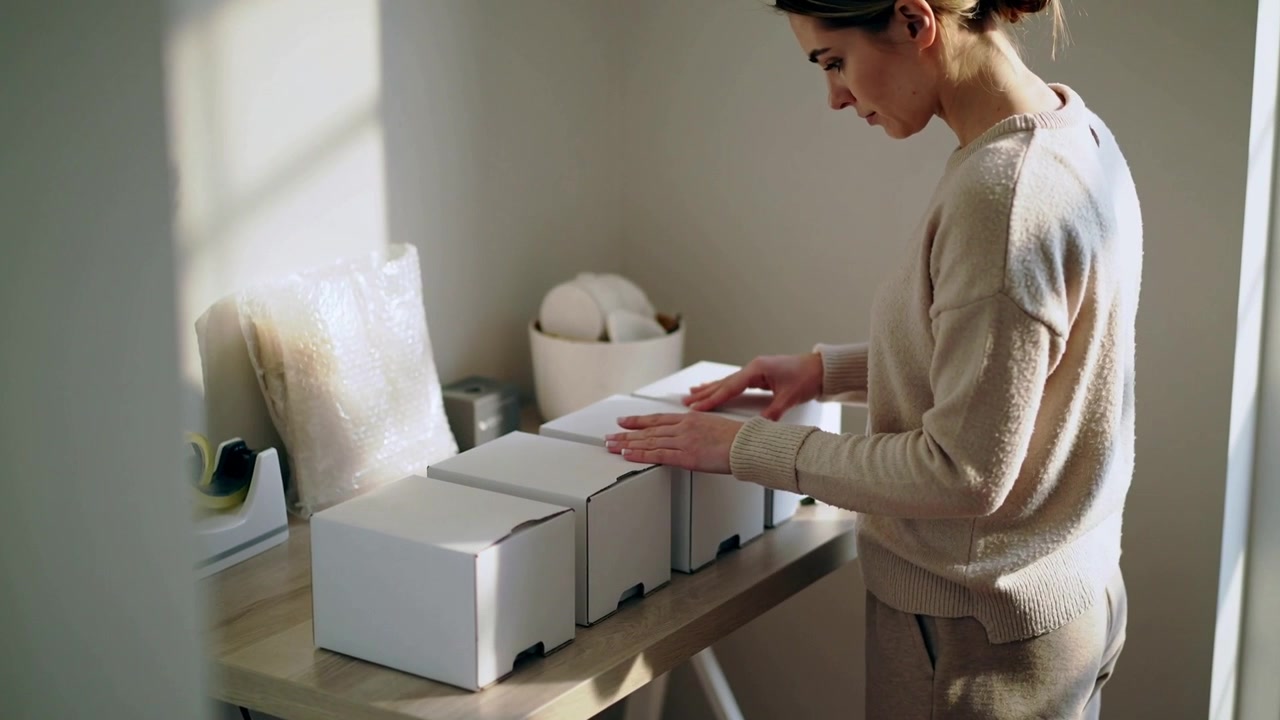 Donna in maglia che controlla, sistema e allinea 3 scatole a casa per la spedizione, con pluriball e nastro adesivo, spazio per il testo
