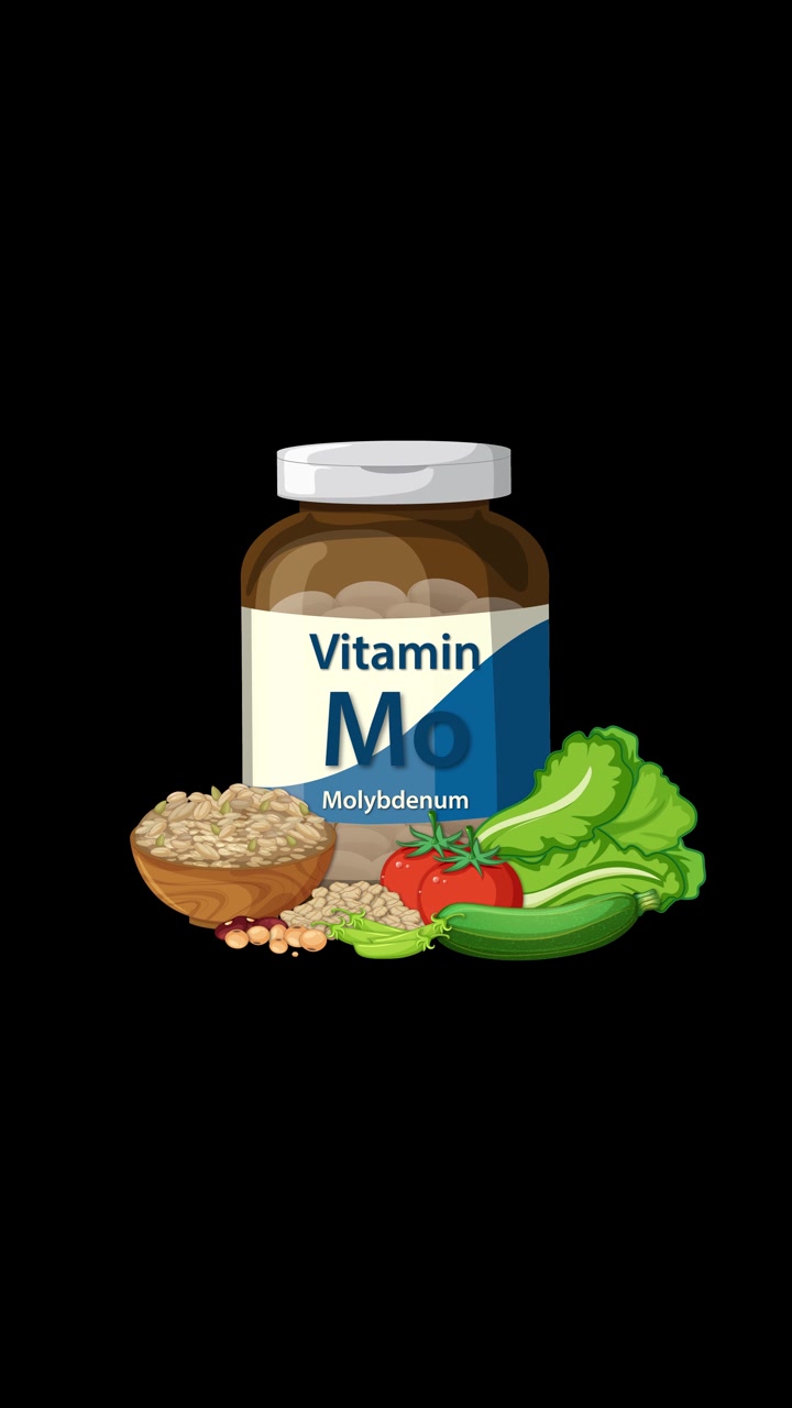 Vitamin bottle label clarifies, then healthy foods appear around it on a black background
