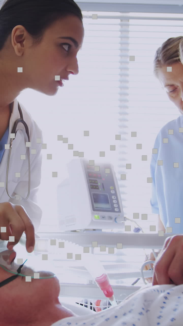 animación de gráficos sobre diversos médicos masculinos y femeninos que examinan a pacientes mayores