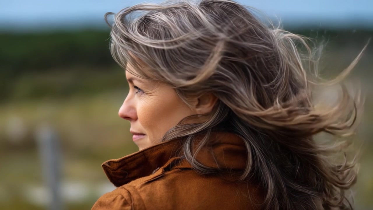 Cautivador retrato de una mujer disfrutando de la naturaleza con cabello gris suelto en un paisaje escénico, enfatizando la serenidad y la belleza natural del momento.