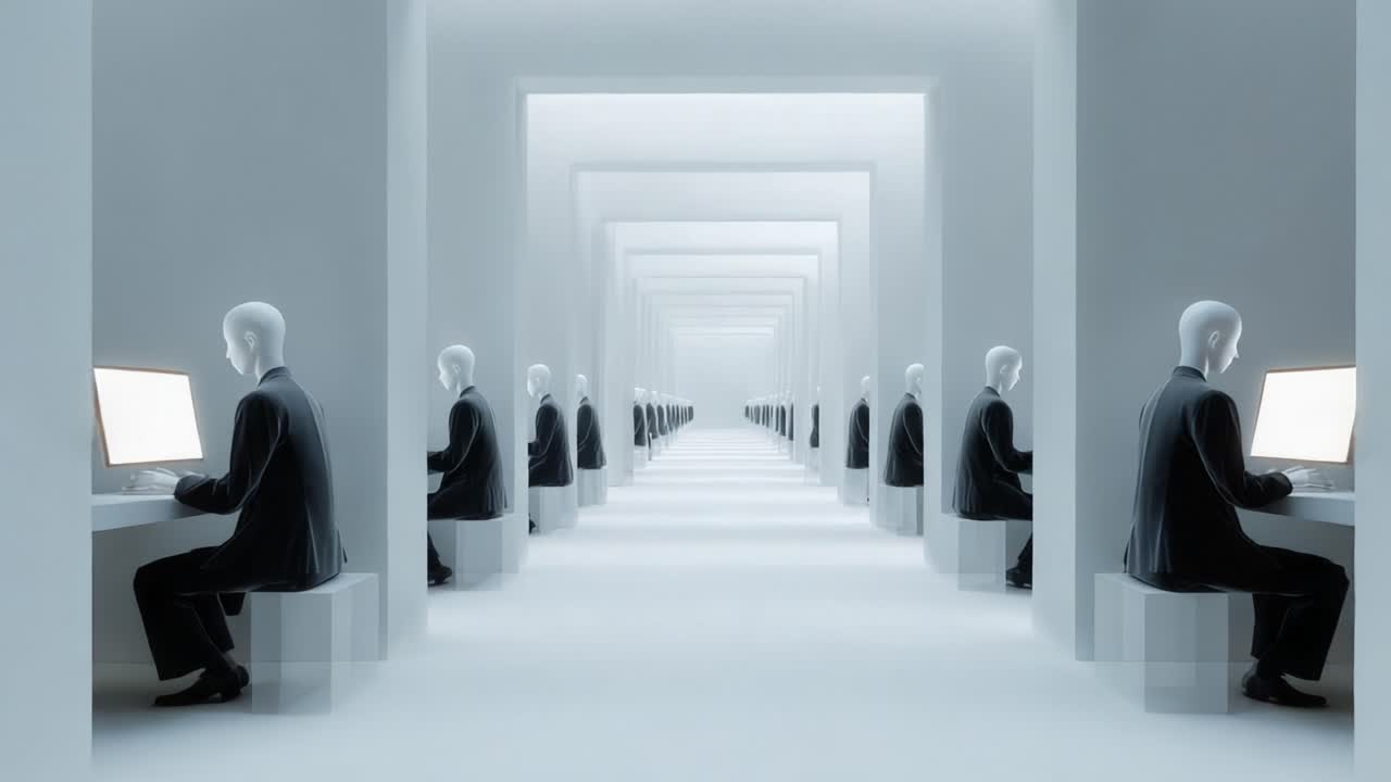 A Surreal Digital Landscape of Identical Figures at Workstations: Exploring the Concept of Uniformity and Technology in a Vast, Minimalist Space