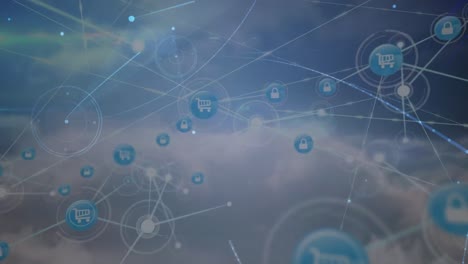 animation of network of connections with people icons over and sky and clouds